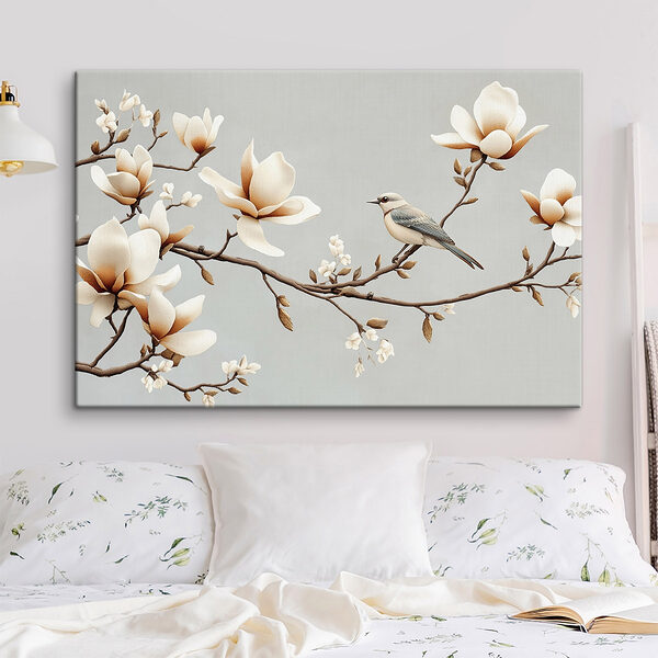 Vogel auf einem Zweig mit Blumen Wandbilder Vogel auf einem Zweig mit Blumen