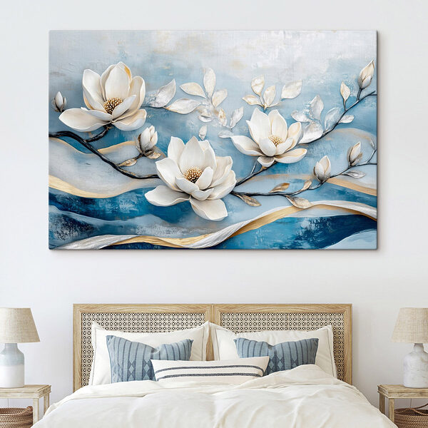 Weiße Blumen auf blauem Hintergrund Wandbilder Weiße Blumen auf blauem Hintergrund