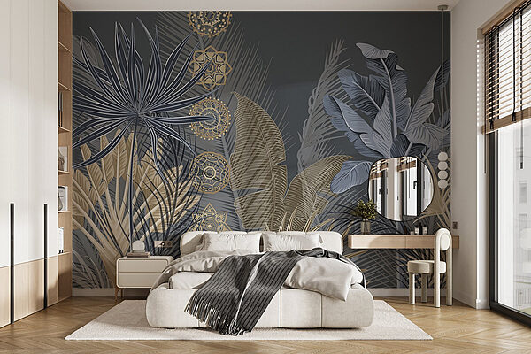 Fototapeten Heiteres botanisches Design auf dunklem Hintergrund