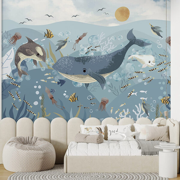 Fototapeten Gruppe von Fischen und Walen, die im Meer schwimmen