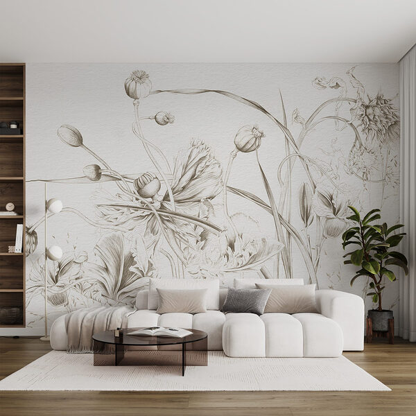 Fototapeten Zeichnung von Blumen und Blättern