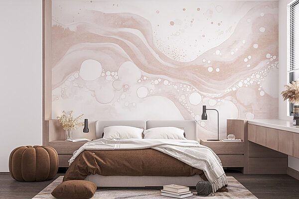 Fototapeten Weiße und braune Flüssigkeit mit weißen Kreisen und Punkten