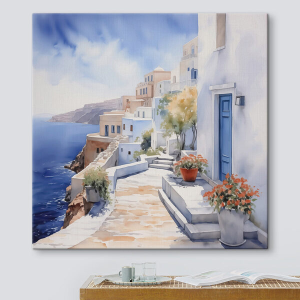 Aquarellmalerei eines weißen Gebäudes mit blauen Türen und Blumen auf einer Klippe Wandbilder Aquarellmalerei eines weißen Gebäudes mit blauen Türen und Blumen auf einer Klippe