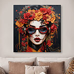 Wandbilder Frau mit Blumen im Haar und Brille