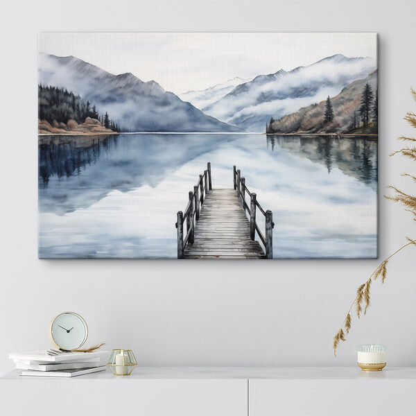 Aquarell eines Stegs an einem See mit Bergen im Hintergrund Wandbilder Aquarell eines Stegs an einem See mit Bergen im Hintergrund