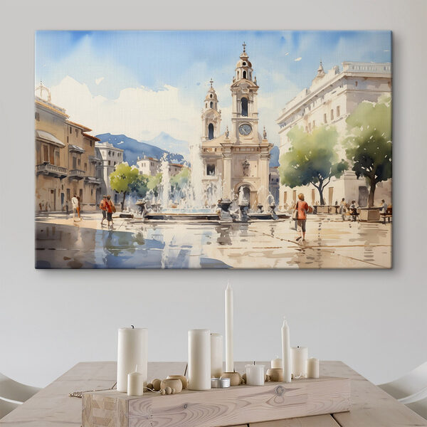Aquarell eines Gebäudes mit einem Springbrunnen davor Wandbilder Aquarell eines Gebäudes mit einem Springbrunnen davor