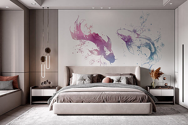 Zwei Fische mit Aquarellspritzern Fototapeten Zwei Fische mit Aquarellspritzern
