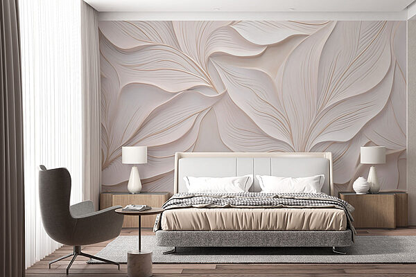 Weiße Wand mit weißen Blättern Fototapeten Weiße Wand mit weißen Blättern