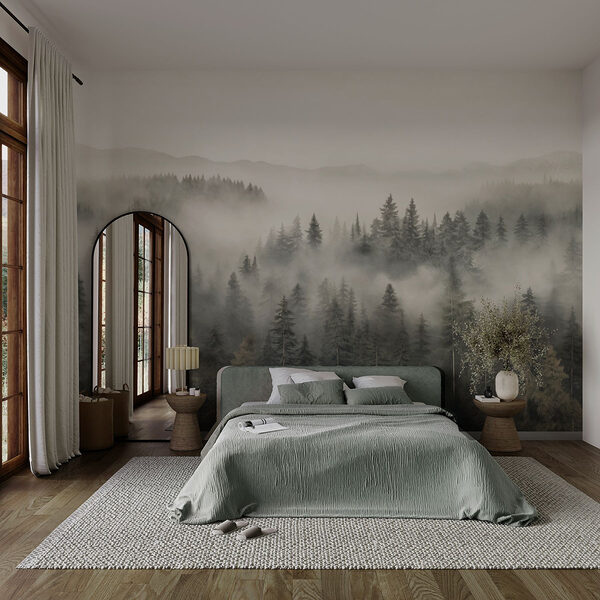 Wald mit Nebel und Bergen Fototapeten Wald mit Nebel und Bergen