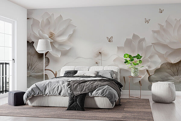 Weiße Papierblumen und Schmetterlinge auf einer weißen Fläche Fototapeten Weiße Papierblumen und Schmetterlinge auf einer weißen Fläche