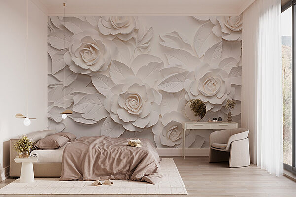 Weiße Papierblumen und Blätter Fototapeten Weiße Papierblumen und Blätter