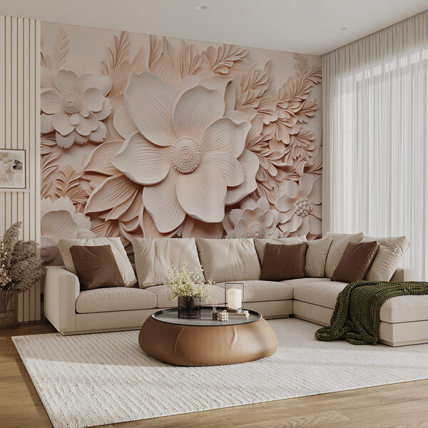 Weiße Blumen und Blätter an einer Wand Fototapeten Weiße Blumen und Blätter an einer Wand