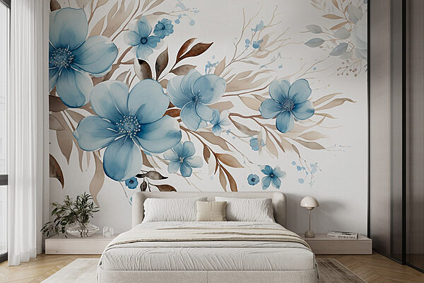 Gemälde mit blauen Blumen und braunen Blättern Fototapeten Gemälde mit blauen Blumen und braunen Blättern