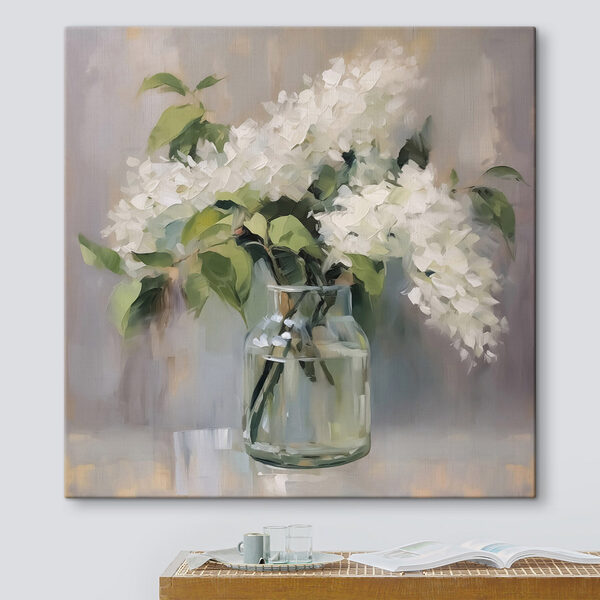 Gemälde eines Blumenstraußes aus weißen Blumen in einem Glasgefäß Wandbilder Gemälde eines Blumenstraußes aus weißen Blumen in einem Glasgefäß
