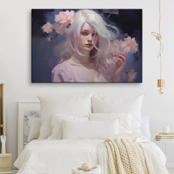 Frau mit langen weißen Haaren und rosa Blumen Wandbilder Frau mit langen weißen Haaren und rosa Blumen