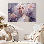 Wandbilder Frau mit rosa Haaren und rosa Blumen