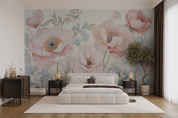 Gemälde mit Blumen an einer Wand Fototapeten Gemälde mit Blumen an einer Wand