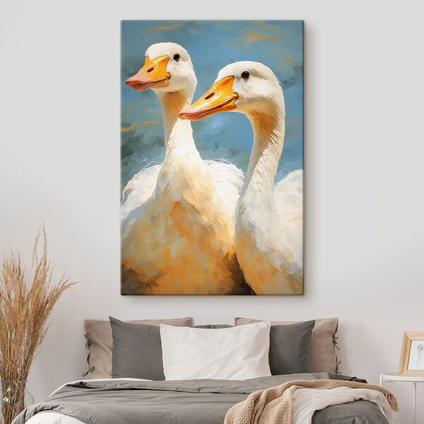Paar weiße Enten mit orangefarbenen Schnäbeln Wandbilder Paar weiße Enten mit orangefarbenen Schnäbeln