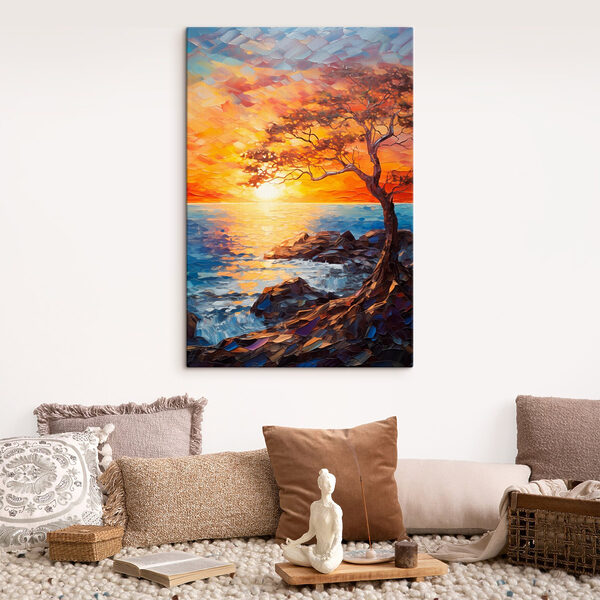 Baum am felsigen Ufer mit Sonnenuntergang Wandbilder Baum am felsigen Ufer mit Sonnenuntergang