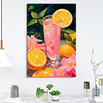 Wandbilder Glas mit rosa Flüssigkeit, Zitronen und Blumen