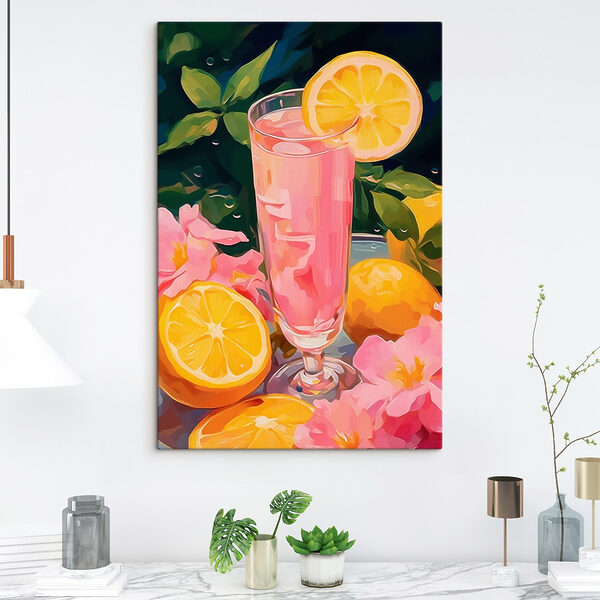 Glas mit rosa Flüssigkeit, Zitronen und Blumen Wandbilder Glas mit rosa Flüssigkeit, Zitronen und Blumen