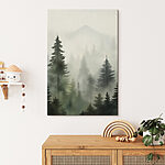 Wandbilder Nebliger Wald mit Bäumen und einem Berg im Hintergrund