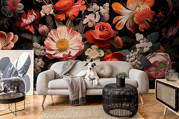 Gruppe von Blumen auf einem schwarzen Hintergrund Fototapeten Gruppe von Blumen auf einem schwarzen Hintergrund