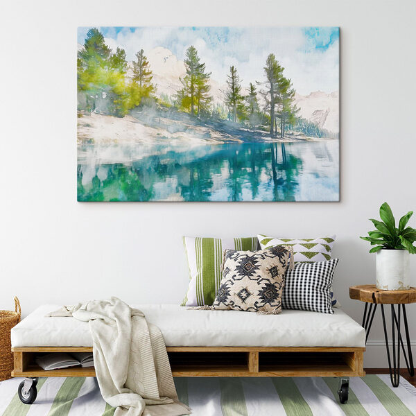 Wandbilder Wasser mit Bäumen und Bergen im Hintergrund