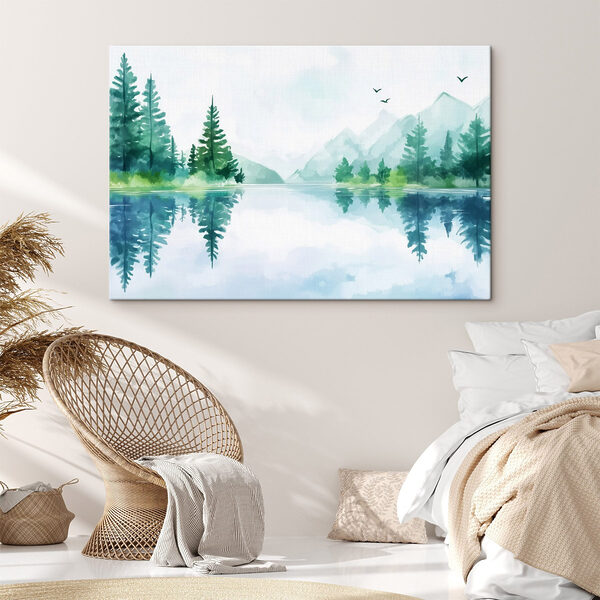 Wandbilder Wasser mit Bäumen und Bergen im Hintergrund