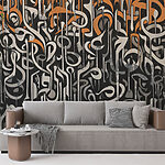 Fototapeten Schwarze und weiße Kunst mit orangefarbenen und weißen Linien