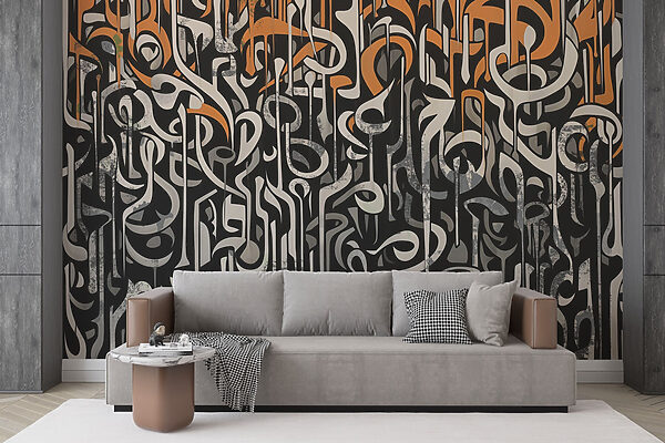 Schwarze und weiße Kunst mit orangefarbenen und weißen Linien Fototapeten Schwarze und weiße Kunst mit orangefarbenen und weißen Linien