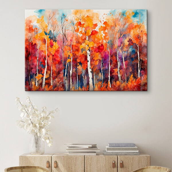 Aquarellmalerei von Bäumen mit orangefarbenen und violetten Blättern Wandbilder Aquarellmalerei von Bäumen mit orangefarbenen und violetten Blättern