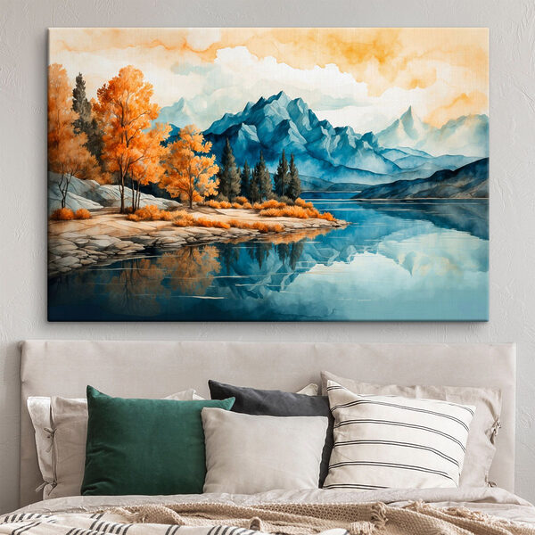 Aquarellmalerei eines Sees mit Bäumen und Bergen Wandbilder Aquarellmalerei eines Sees mit Bäumen und Bergen