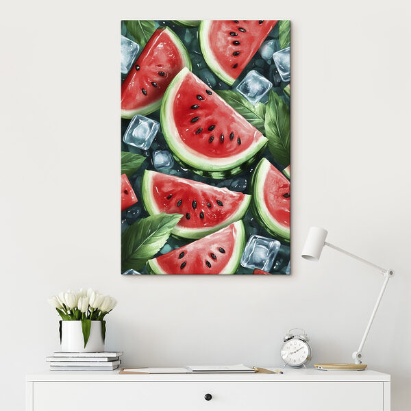 Wassermelonenscheiben und Eiswürfel auf einer Fläche Wandbilder Wassermelonenscheiben und Eiswürfel auf einer Fläche