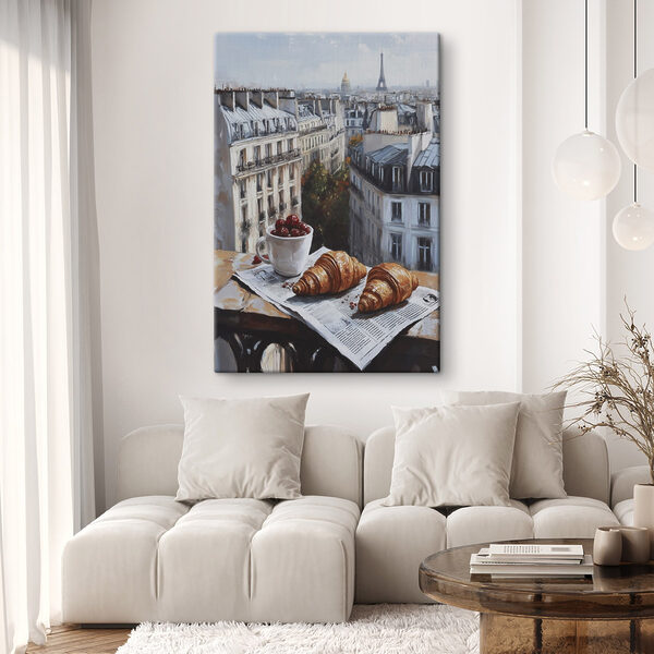 Tasse Kaffee und Croissants auf einem Tisch mit Gebäuden im Hintergrund Wandbilder Tasse Kaffee und Croissants auf einem Tisch mit Gebäuden im Hintergrund