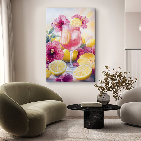 Glas mit rosa Getränk mit Zitronen und Blumen Wandbilder Glas mit rosa Getränk mit Zitronen und Blumen