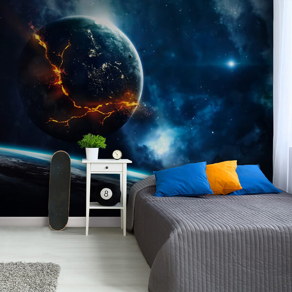 Planet mit einem Feuer im Hintergrund Fototapeten Planet mit einem Feuer im Hintergrund