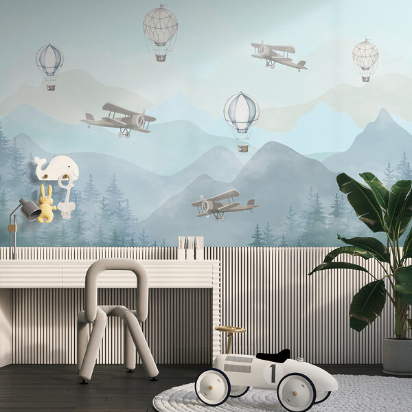 Fototapeten Flugzeuge und Ballons über nebligen Bergen