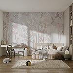 Fototapeten Pastellfarbener Wald mit zartem Laub