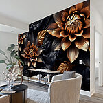 Fototapeten Metallische Blumen mit dunklem Blattmuster