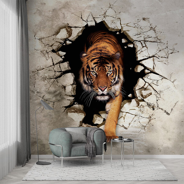 Fototapeten Tiger, der durch eine rissige Wand auftaucht