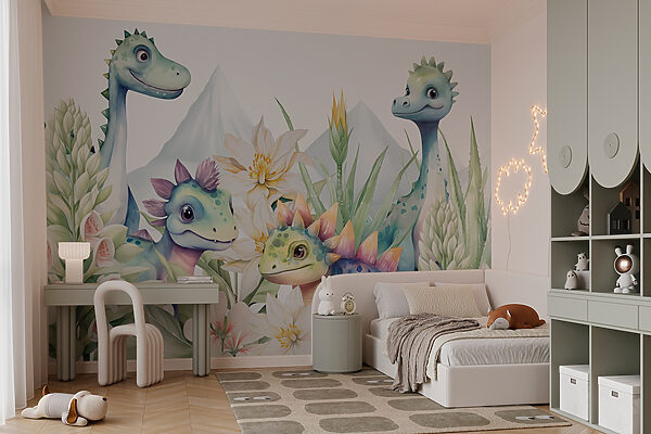 Fototapeten Gruppe von Dinosauriern umgeben von Blumen