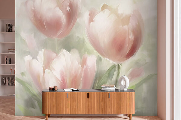 Gemälde mit rosa Blumen Fototapeten Gemälde mit rosa Blumen