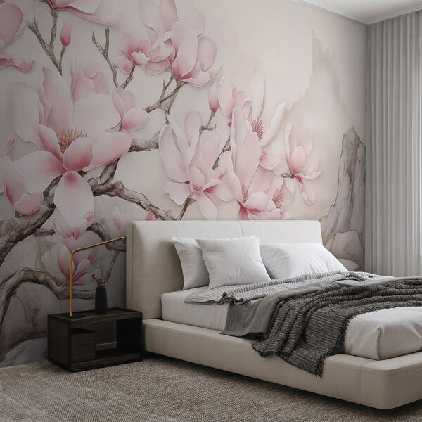 Gemälde eines Baumes mit rosa Blumen Fototapeten Gemälde eines Baumes mit rosa Blumen