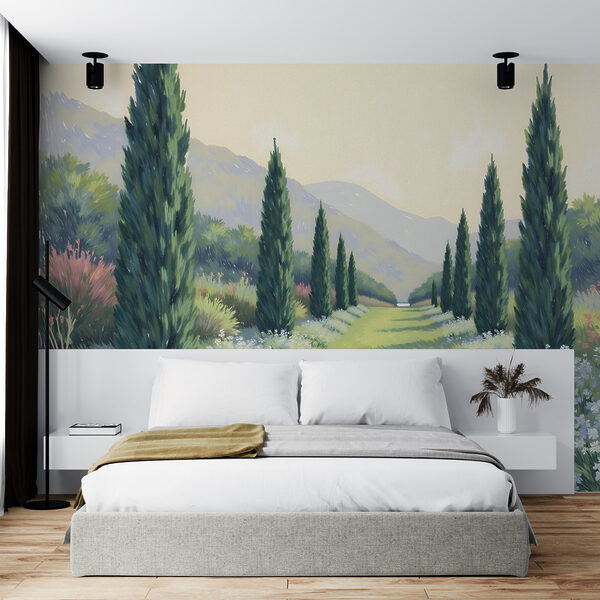 Gemälde einer Landschaft mit Bäumen und Blumen Fototapeten Gemälde einer Landschaft mit Bäumen und Blumen