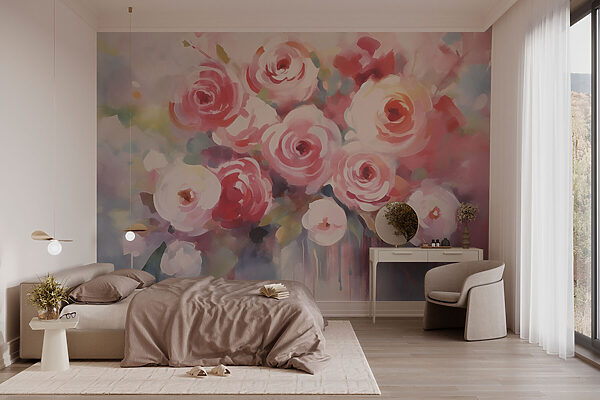 Malerei von Blumen auf einer weißen Fläche Fototapeten Malerei von Blumen auf einer weißen Fläche