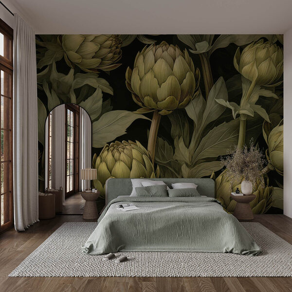 Fototapeten Artischocken mit Blättern und Stängeln auf schwarzem Hintergrund