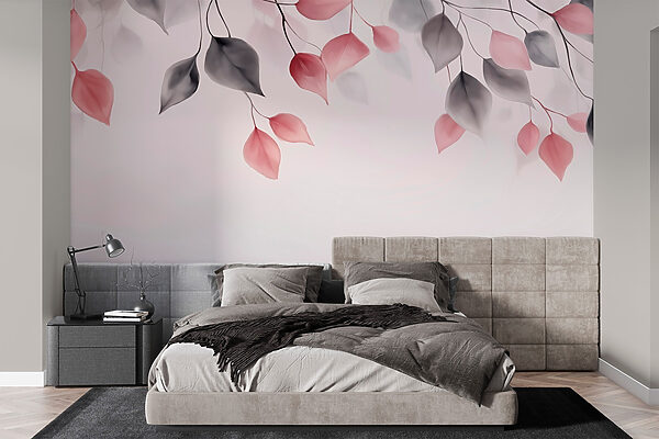 Fototapeten Rosa und graue Blätter an den Zweigen