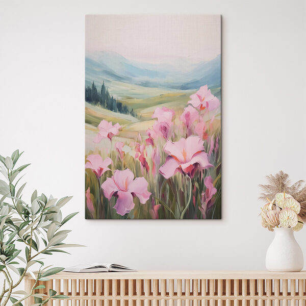 Gemälde von rosa Blumen auf einem Feld Wandbilder Gemälde von rosa Blumen auf einem Feld