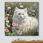 Wandbilder Weiße Katze in einem Blumenfeld